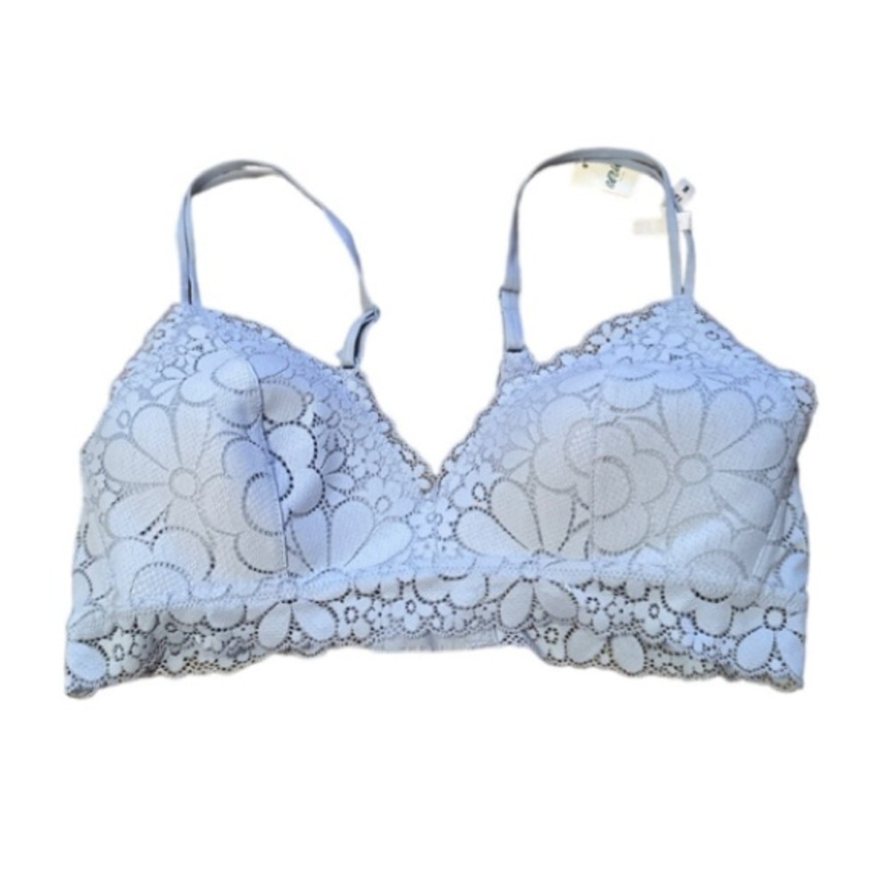 Aerie Wireless Floral‎ Lace Gray Blue Bra Adjustable Straps Sz 36B NEW